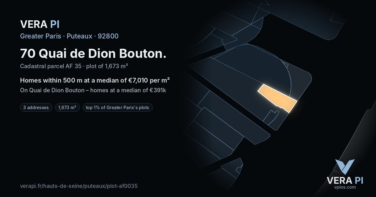 70 Quai de Dion Bouton, Puteaux at night – the plot lit, the parcels around coloured by the prices near them