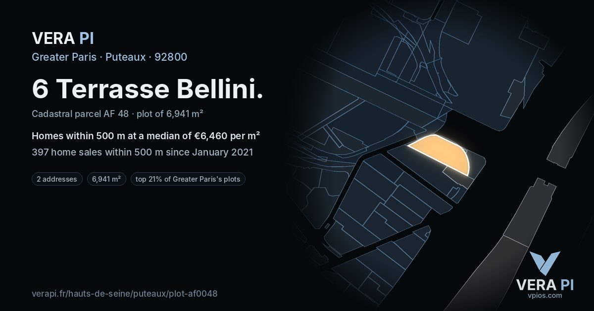 6 Terrasse Bellini, Puteaux at night – the plot lit, the parcels around coloured by the prices near them