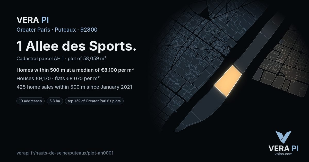 1 Allee des Sports, Puteaux at night – the plot lit, the parcels around coloured by the prices near them