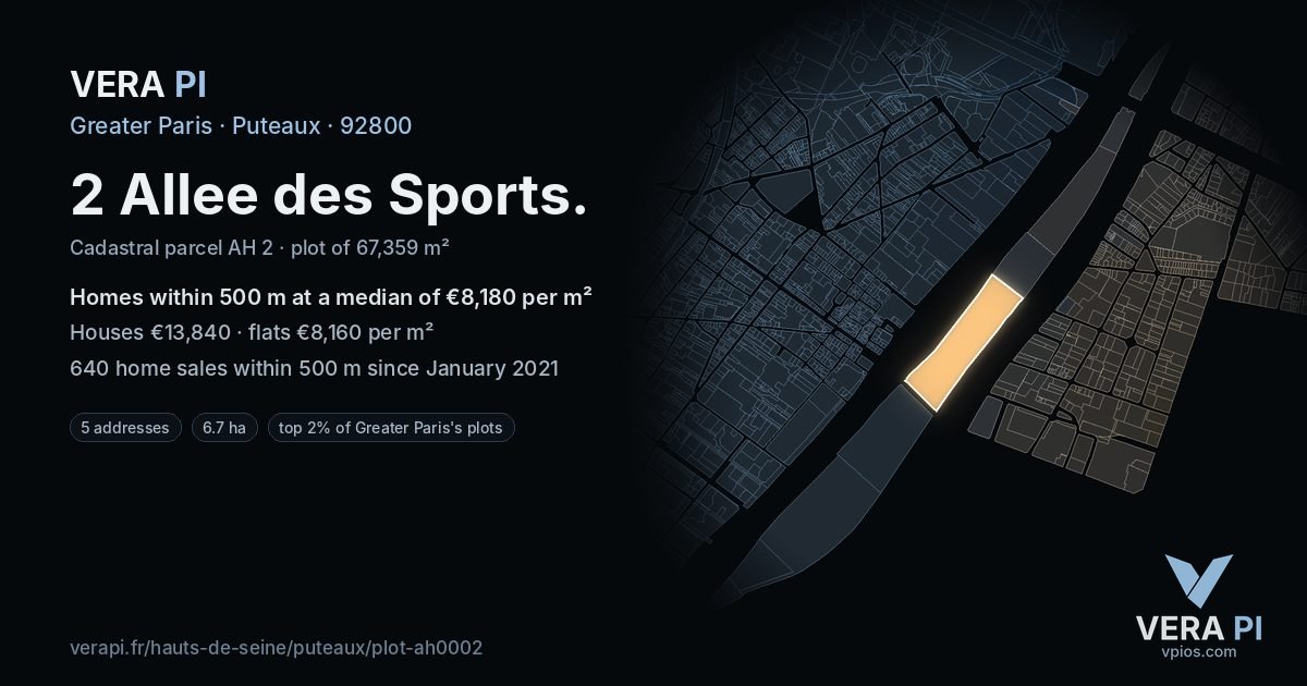 2 Allee des Sports, Puteaux at night – the plot lit, the parcels around coloured by the prices near them