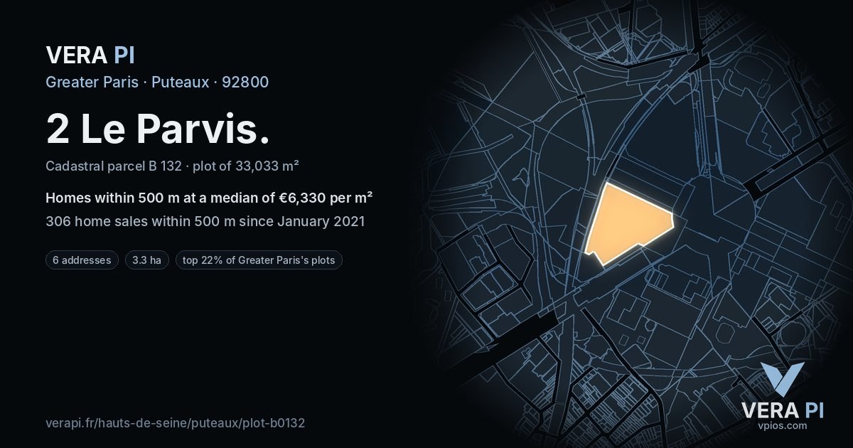 2 Le Parvis, Puteaux at night – the plot lit, the parcels around coloured by the prices near them