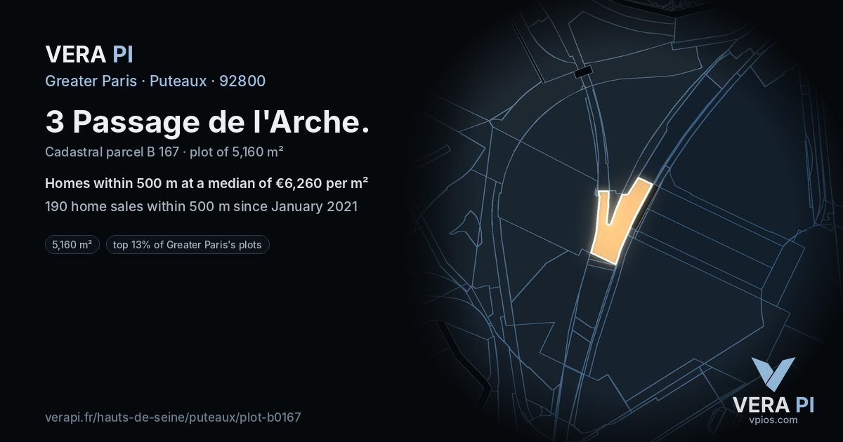 3 Passage de l'Arche, Puteaux at night – the plot lit, the parcels around coloured by the prices near them