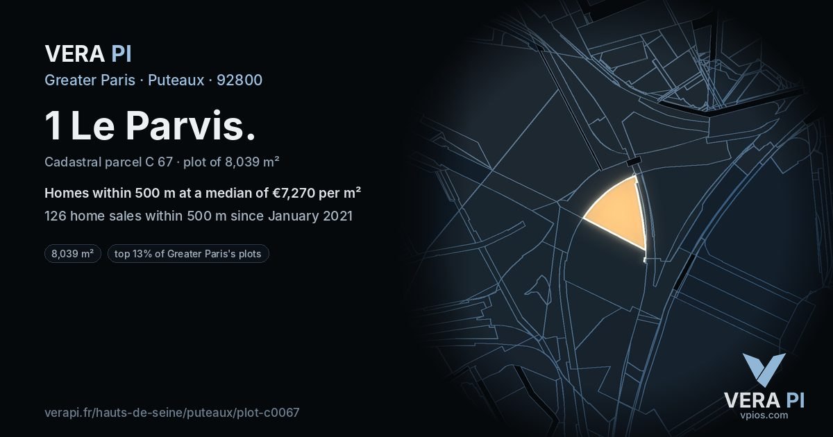 1 Le Parvis, Puteaux at night – the plot lit, the parcels around coloured by the prices near them