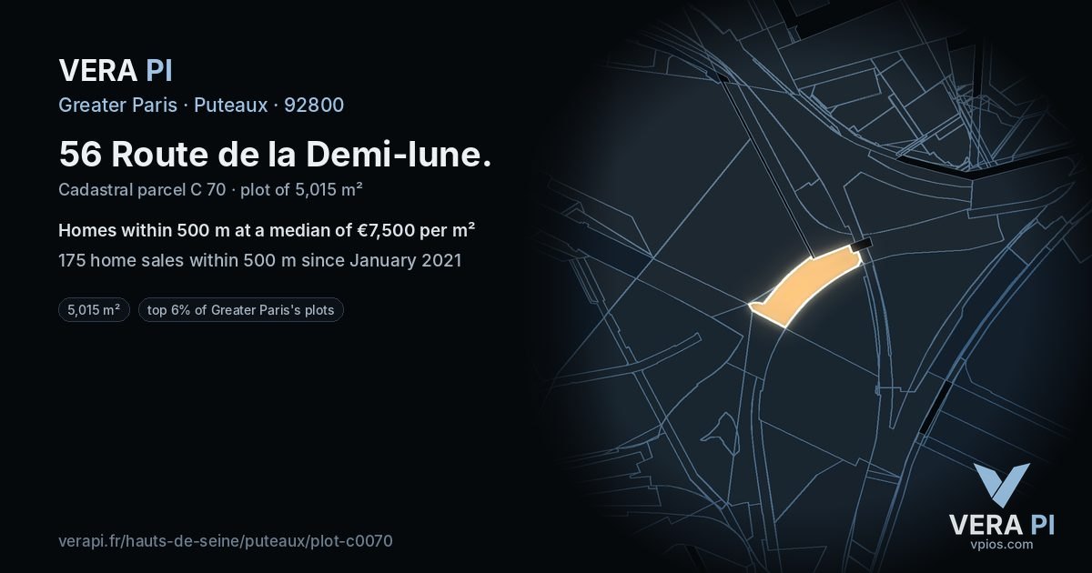 56 Route de la Demi-lune, Puteaux at night – the plot lit, the parcels around coloured by the prices near them