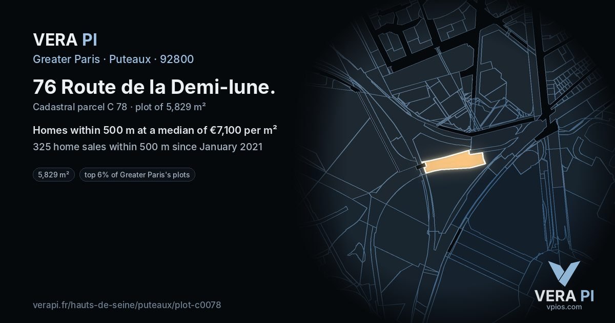 76 Route de la Demi-lune, Puteaux at night – the plot lit, the parcels around coloured by the prices near them