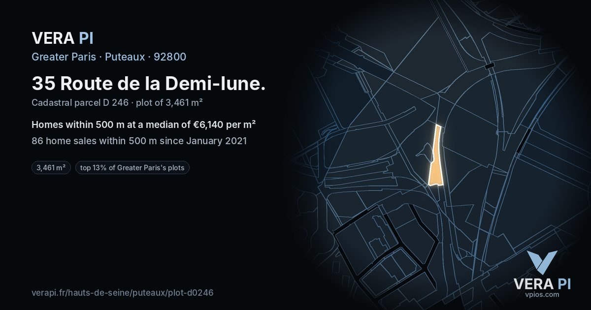 35 Route de la Demi-lune, Puteaux at night – the plot lit, the parcels around coloured by the prices near them