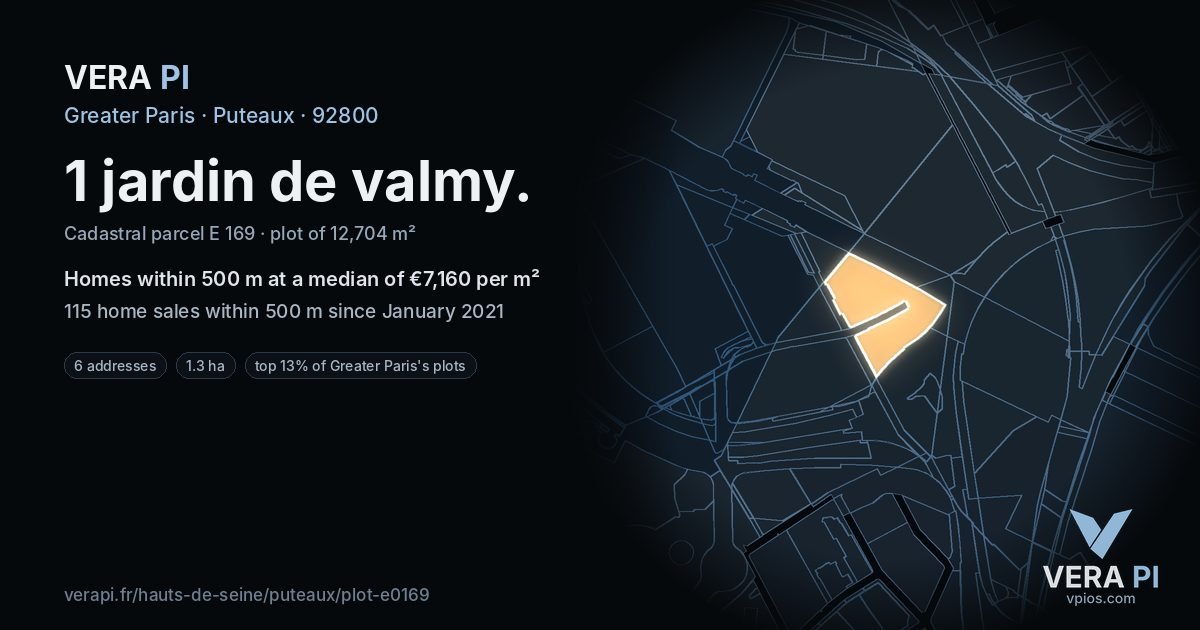 1 jardin de valmy, Puteaux at night – the plot lit, the parcels around coloured by the prices near them