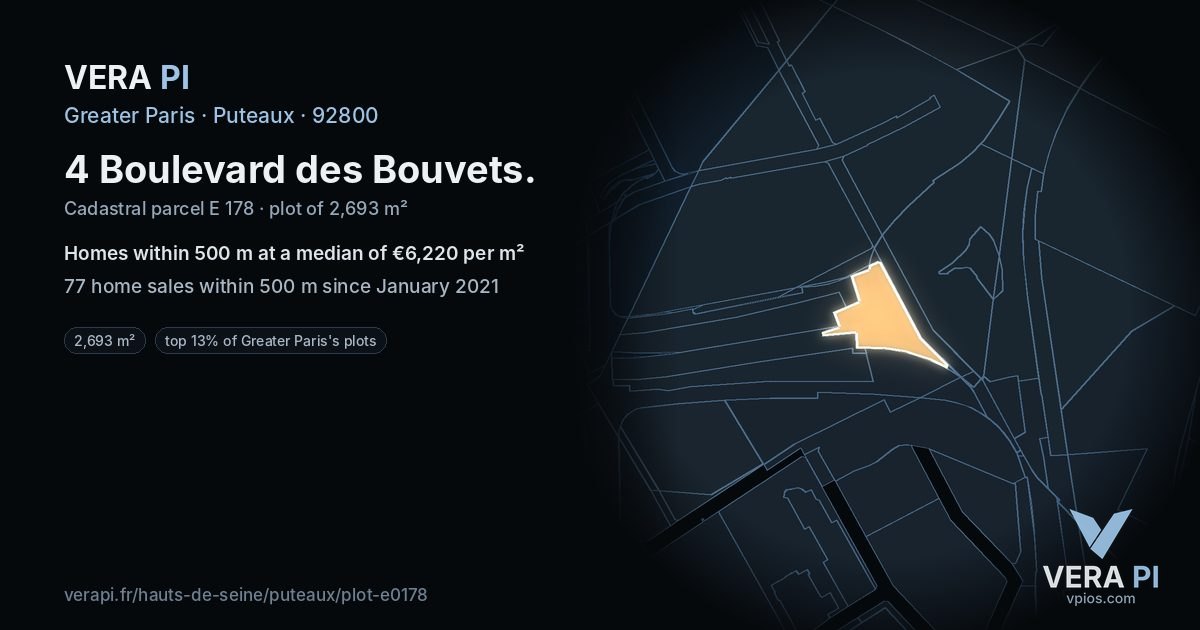 4 Boulevard des Bouvets, Puteaux at night – the plot lit, the parcels around coloured by the prices near them