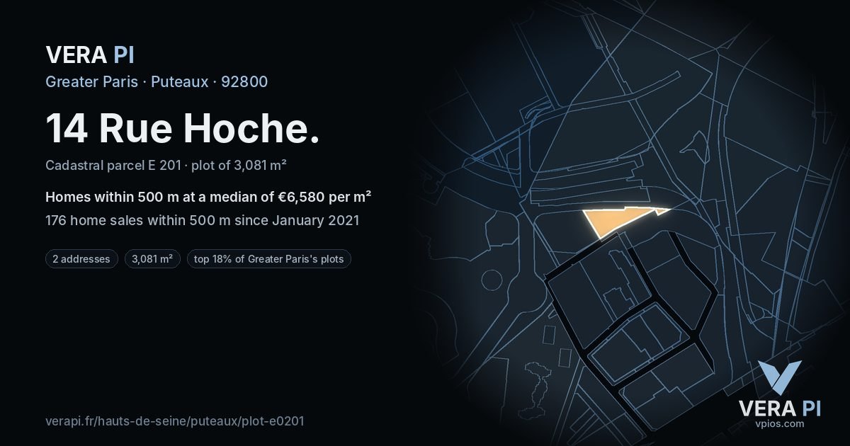 14 Rue Hoche, Puteaux at night – the plot lit, the parcels around coloured by the prices near them