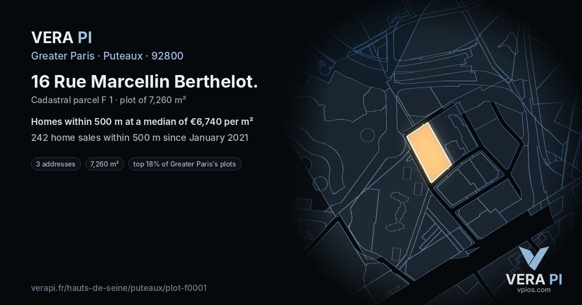 16 Rue Marcellin Berthelot, Puteaux at night – the plot lit, the parcels around coloured by the prices near them