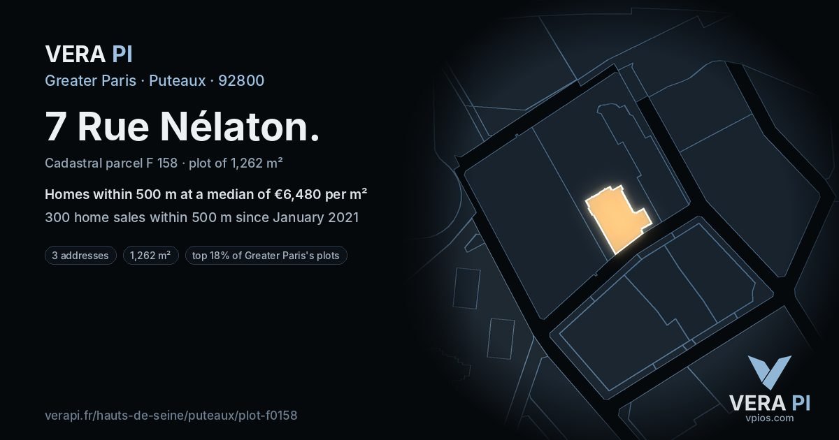 7 Rue Nélaton, Puteaux at night – the plot lit, the parcels around coloured by the prices near them