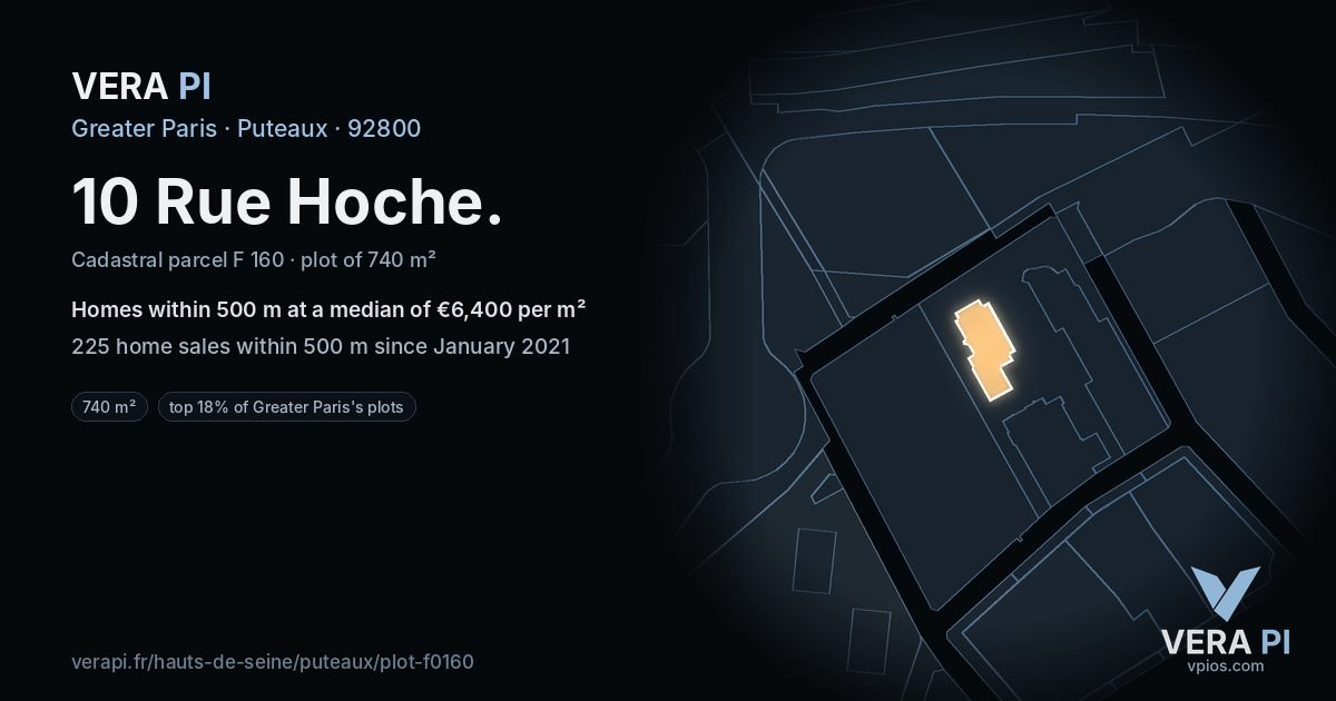 10 Rue Hoche, Puteaux at night – the plot lit, the parcels around coloured by the prices near them