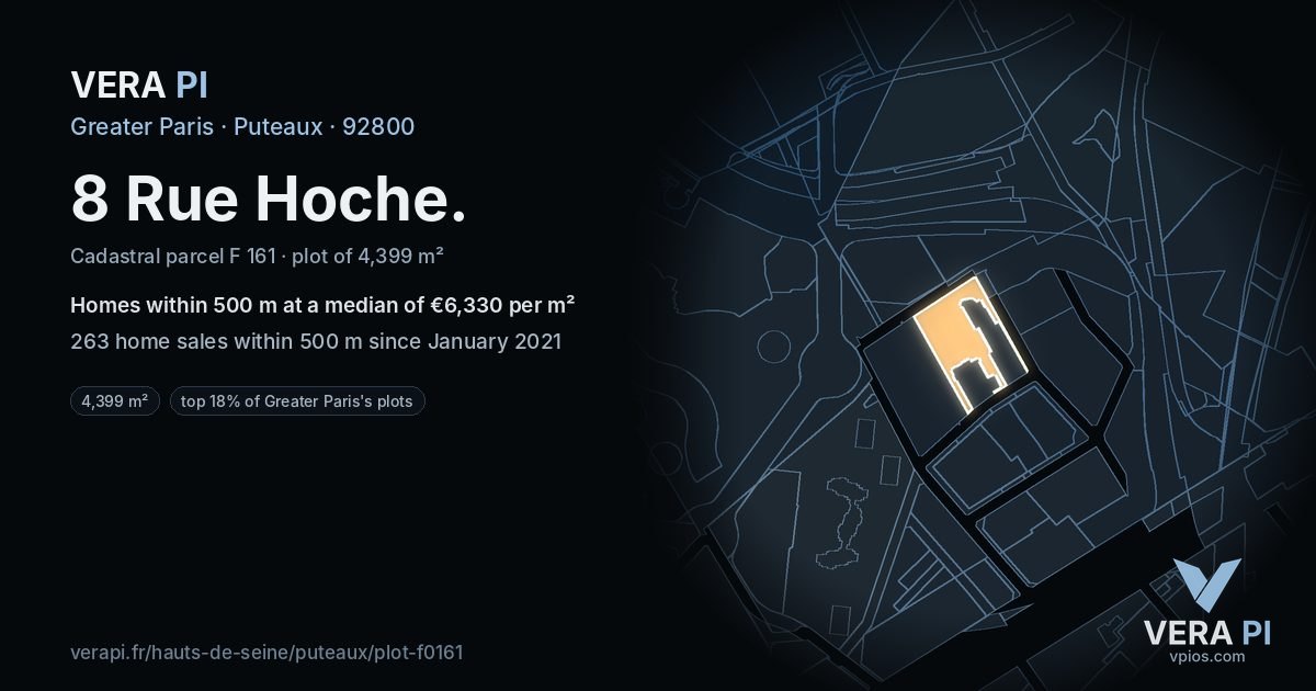 8 Rue Hoche, Puteaux at night – the plot lit, the parcels around coloured by the prices near them