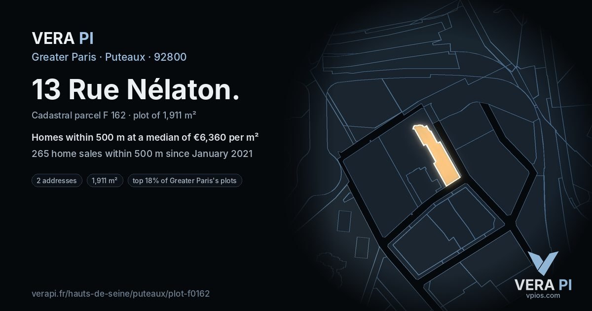 13 Rue Nélaton, Puteaux at night – the plot lit, the parcels around coloured by the prices near them