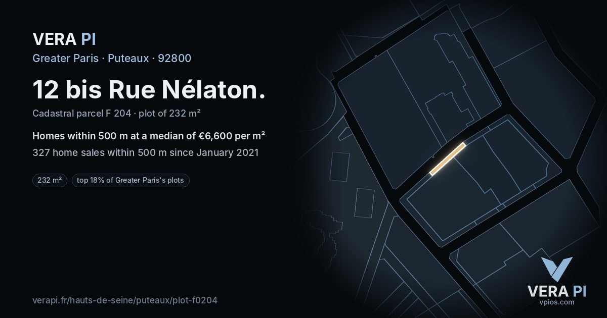 12 bis Rue Nélaton, Puteaux at night – the plot lit, the parcels around coloured by the prices near them