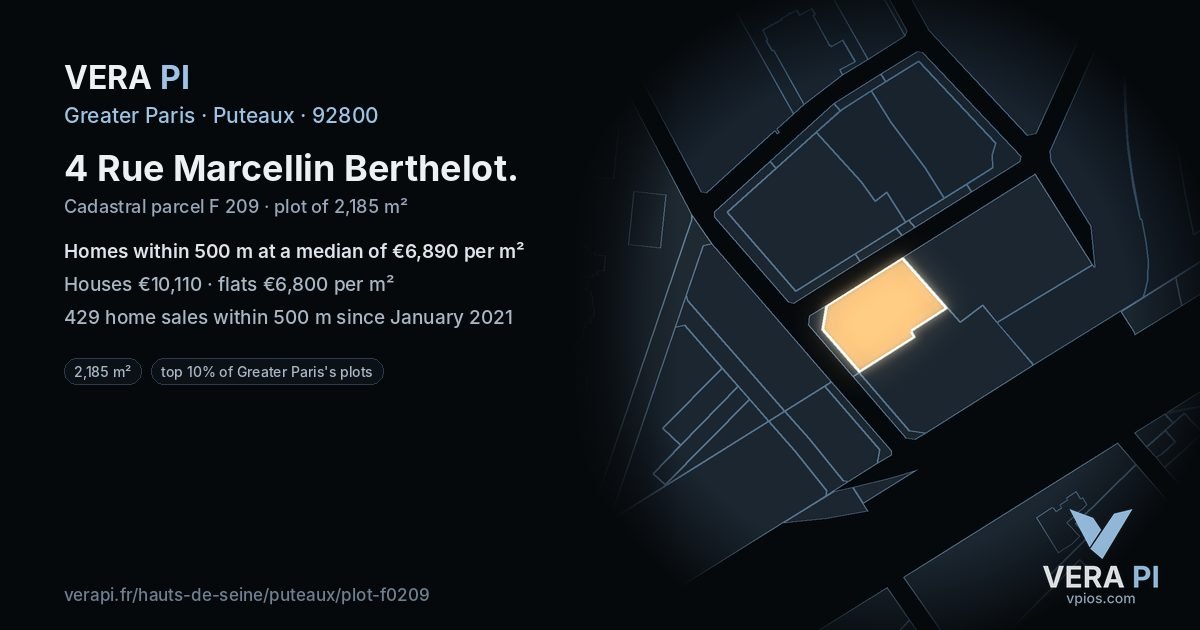 4 Rue Marcellin Berthelot, Puteaux at night – the plot lit, the parcels around coloured by the prices near them