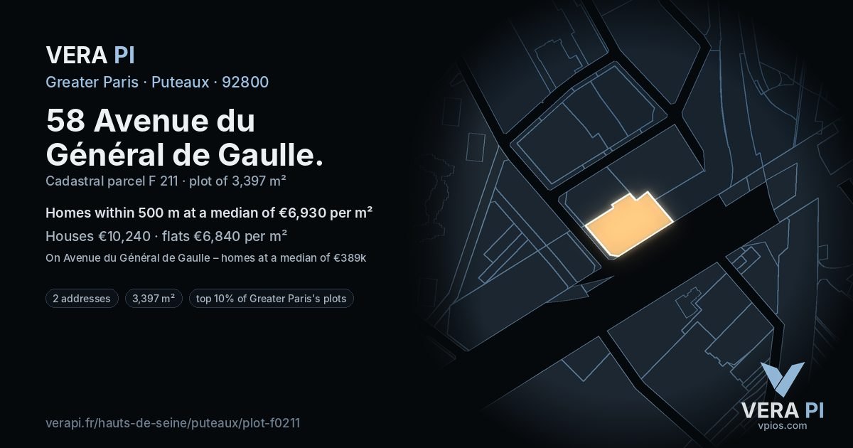 58 Avenue du Général de Gaulle, Puteaux at night – the plot lit, the parcels around coloured by the prices near them