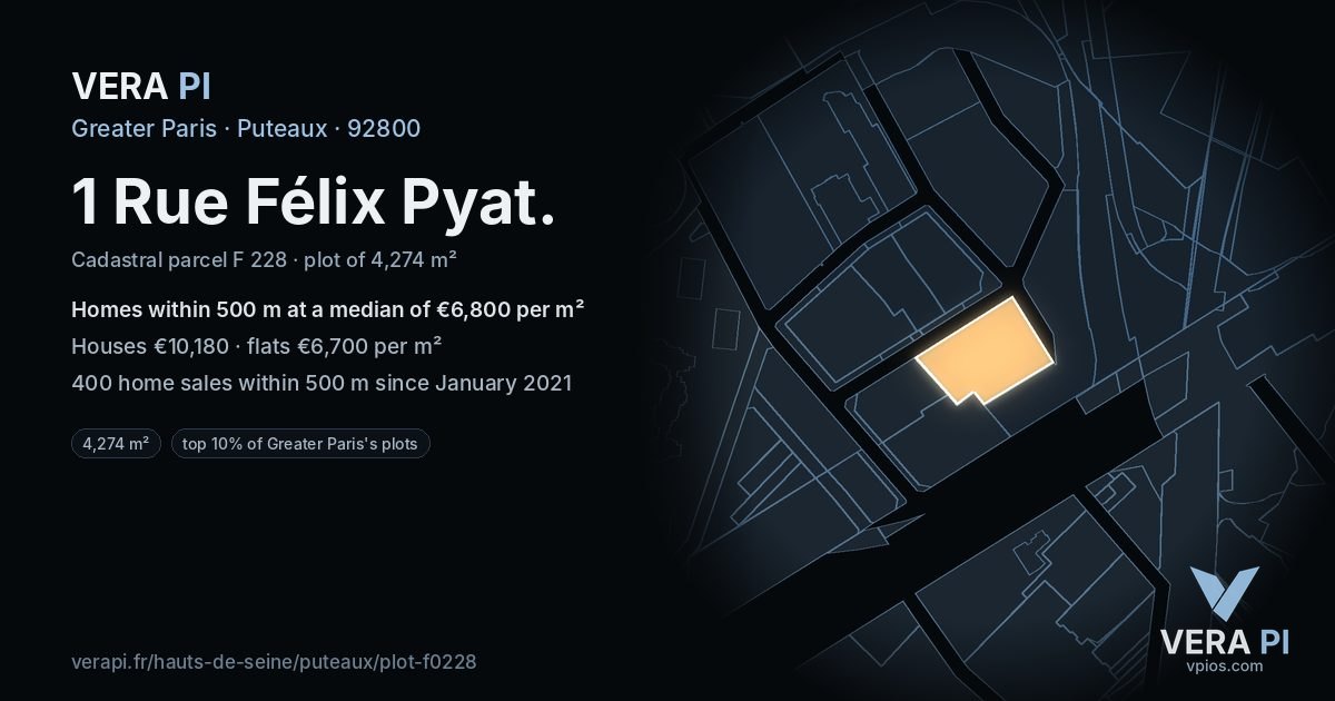 1 Rue Félix Pyat, Puteaux at night – the plot lit, the parcels around coloured by the prices near them