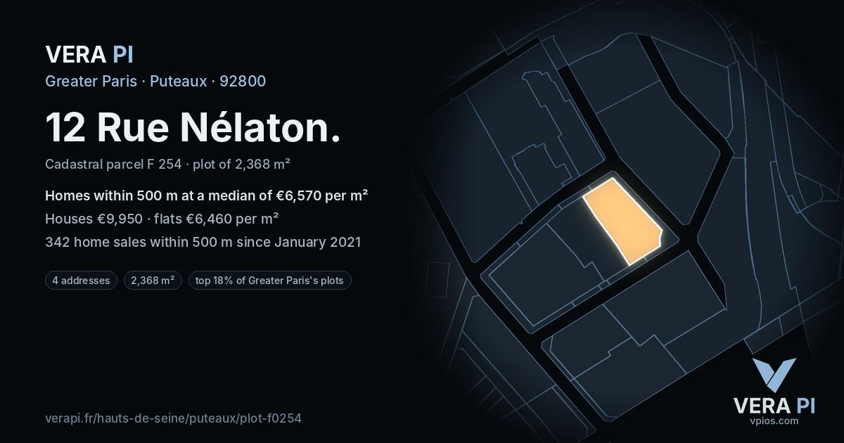 12 Rue Nélaton, Puteaux at night – the plot lit, the parcels around coloured by the prices near them