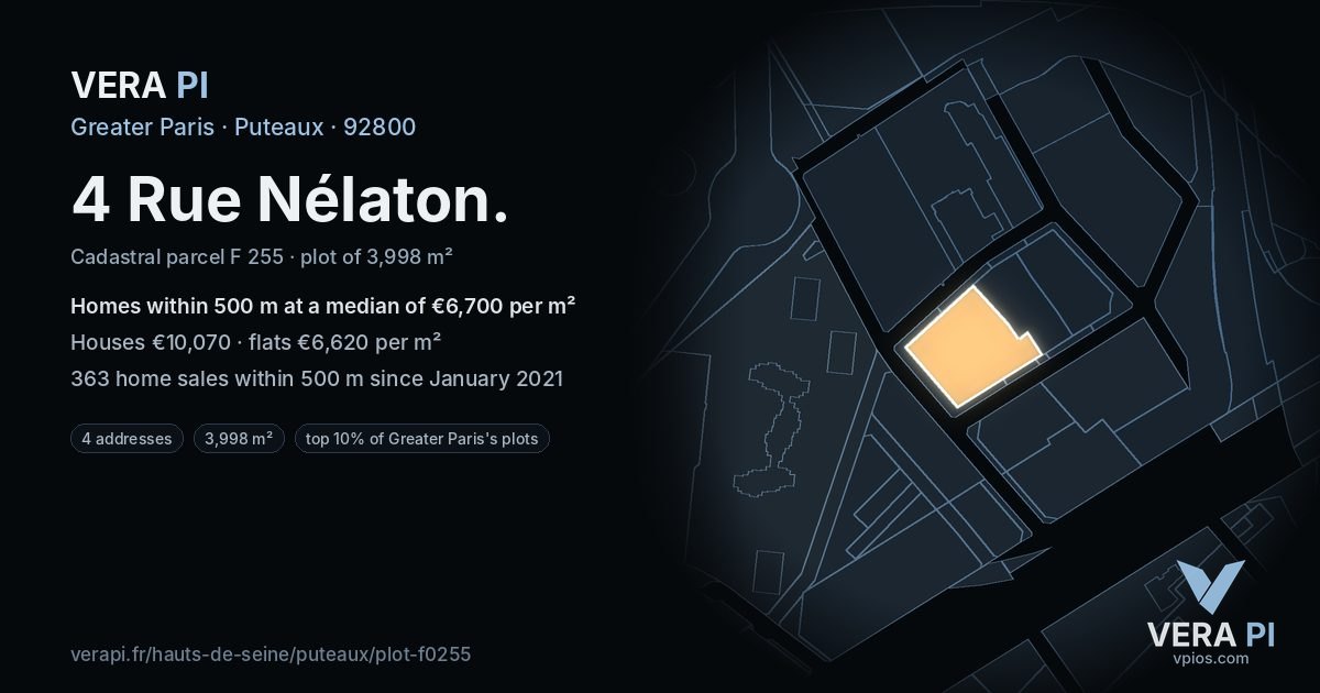 4 Rue Nélaton, Puteaux at night – the plot lit, the parcels around coloured by the prices near them
