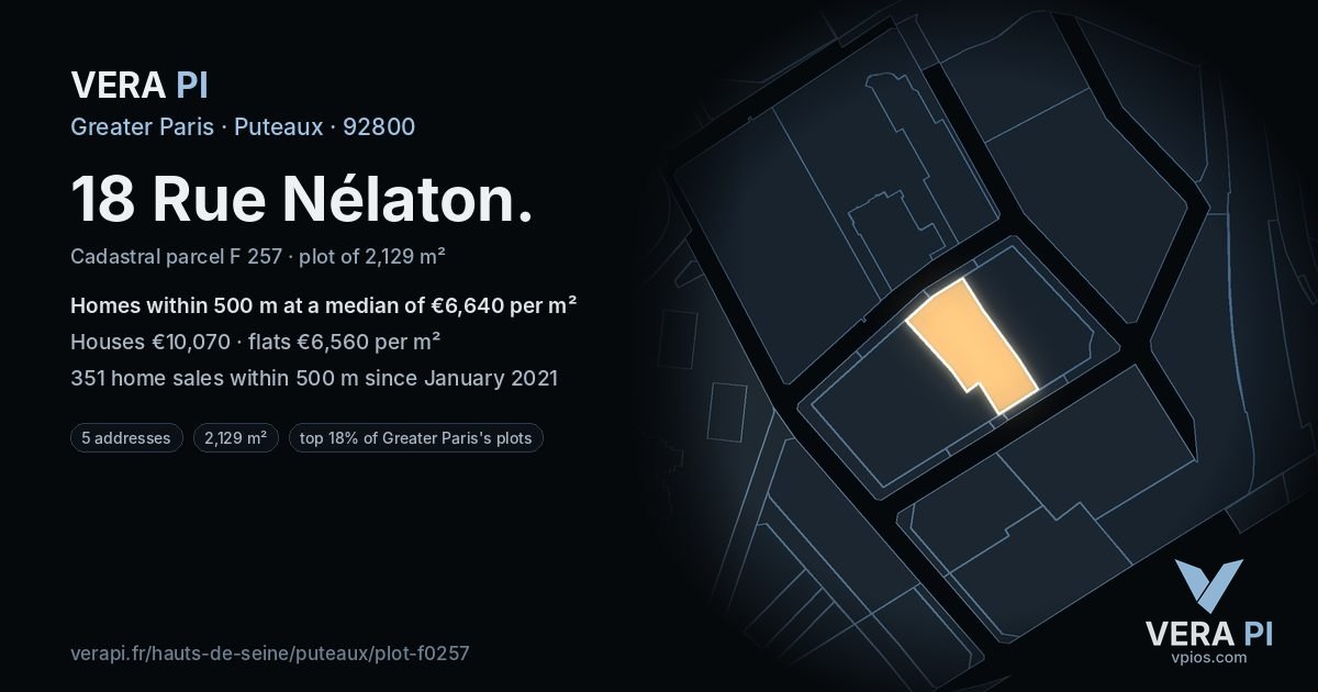 18 Rue Nélaton, Puteaux at night – the plot lit, the parcels around coloured by the prices near them
