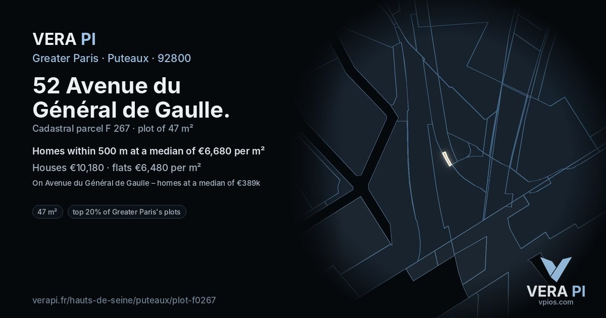 52 Avenue du Général de Gaulle, Puteaux at night – the plot lit, the parcels around coloured by the prices near them