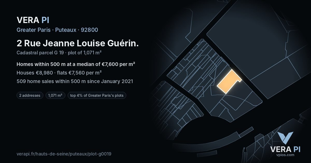 2 Rue Jeanne Louise Guérin, Puteaux at night – the plot lit, the parcels around coloured by the prices near them