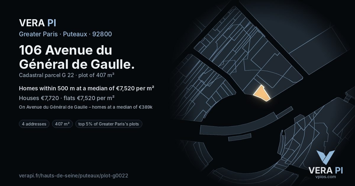 106 Avenue du Général de Gaulle, Puteaux at night – the plot lit, the parcels around coloured by the prices near them