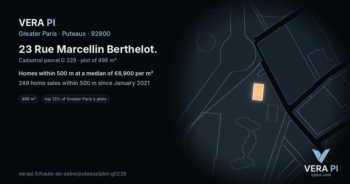 23 Rue Marcellin Berthelot, Puteaux at night – the plot lit, the parcels around coloured by the prices near them