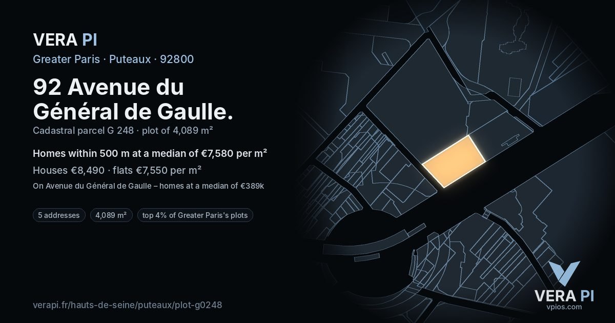 92 Avenue du Général de Gaulle, Puteaux at night – the plot lit, the parcels around coloured by the prices near them