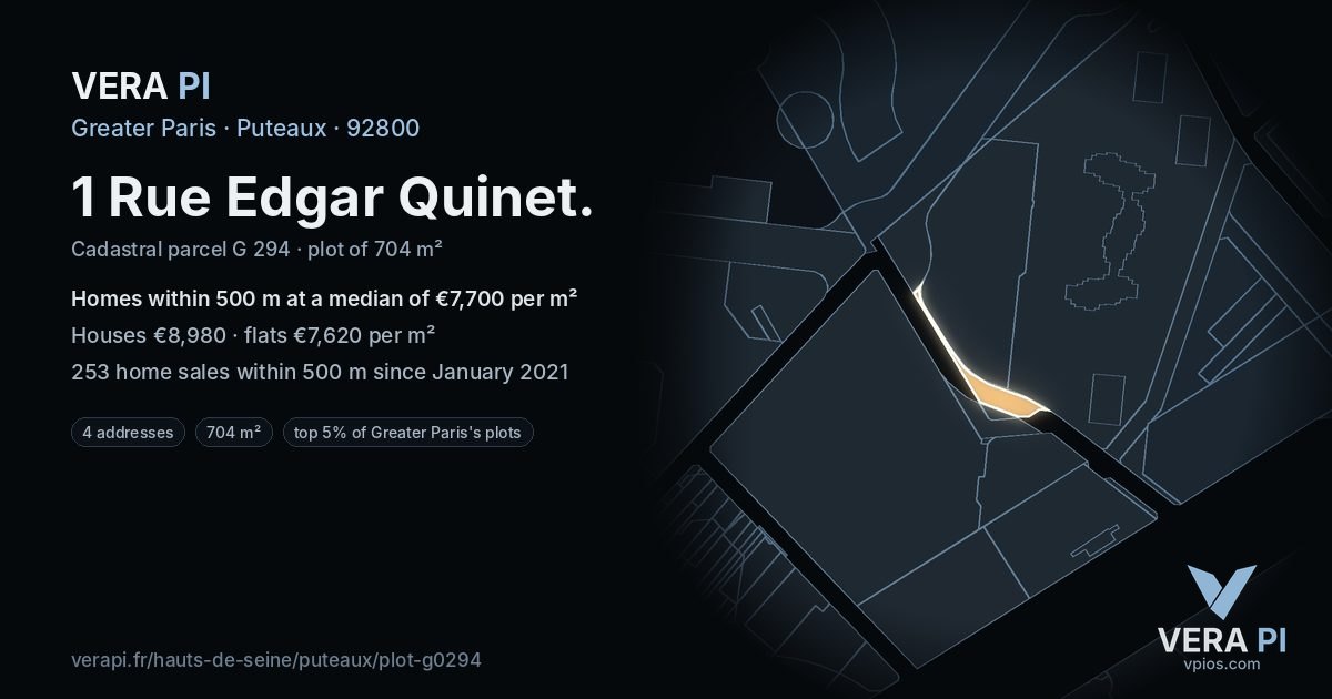1 Rue Edgar Quinet, Puteaux at night – the plot lit, the parcels around coloured by the prices near them