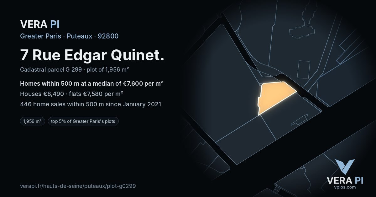 7 Rue Edgar Quinet, Puteaux at night – the plot lit, the parcels around coloured by the prices near them