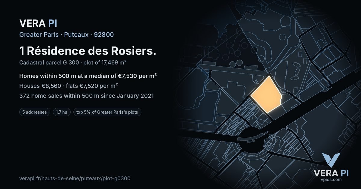 1 Résidence des Rosiers, Puteaux at night – the plot lit, the parcels around coloured by the prices near them
