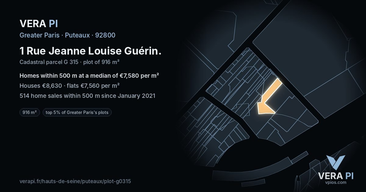 1 Rue Jeanne Louise Guérin, Puteaux at night – the plot lit, the parcels around coloured by the prices near them