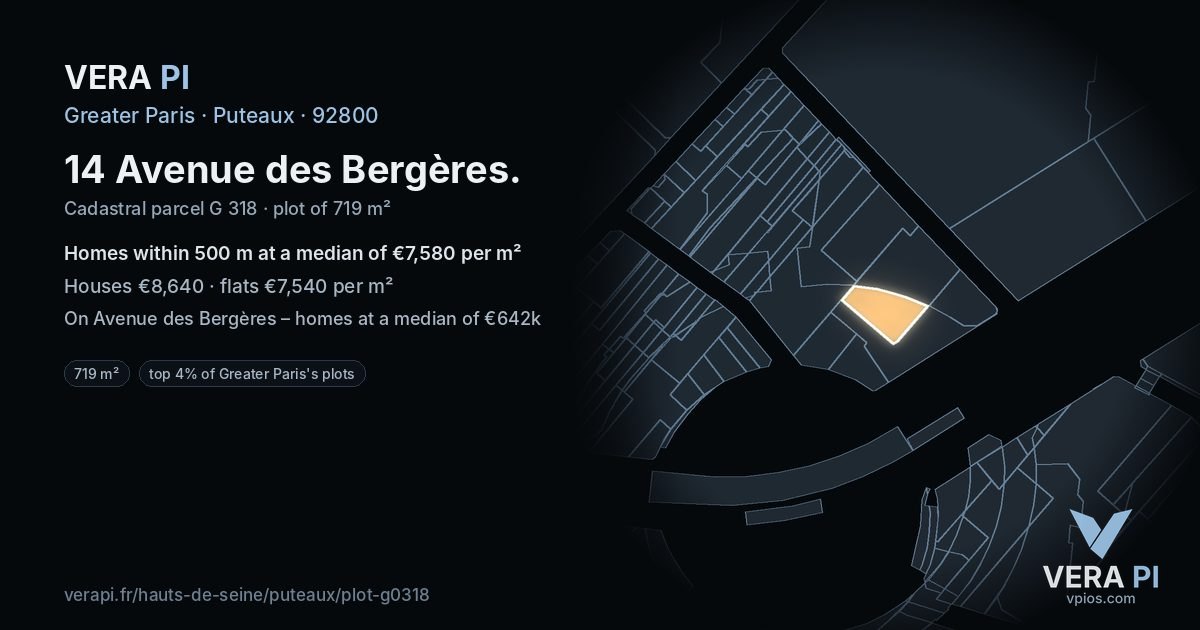 14 Avenue des Bergères, Puteaux at night – the plot lit, the parcels around coloured by the prices near them
