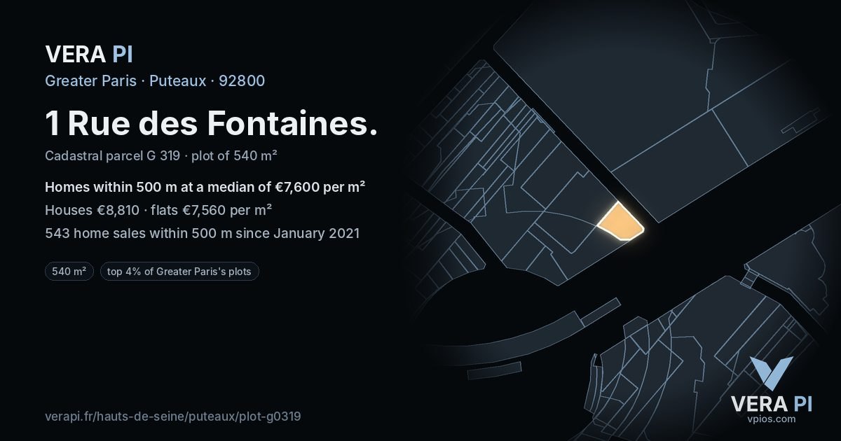 1 Rue des Fontaines, Puteaux at night – the plot lit, the parcels around coloured by the prices near them