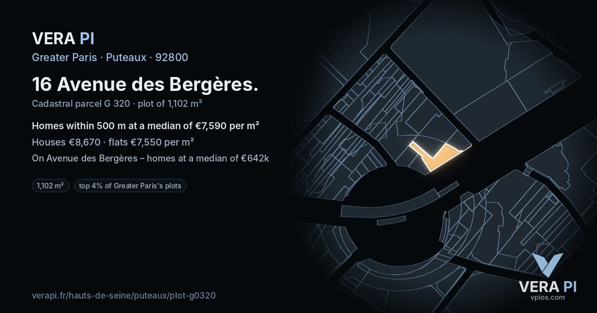 16 Avenue des Bergères, Puteaux at night – the plot lit, the parcels around coloured by the prices near them