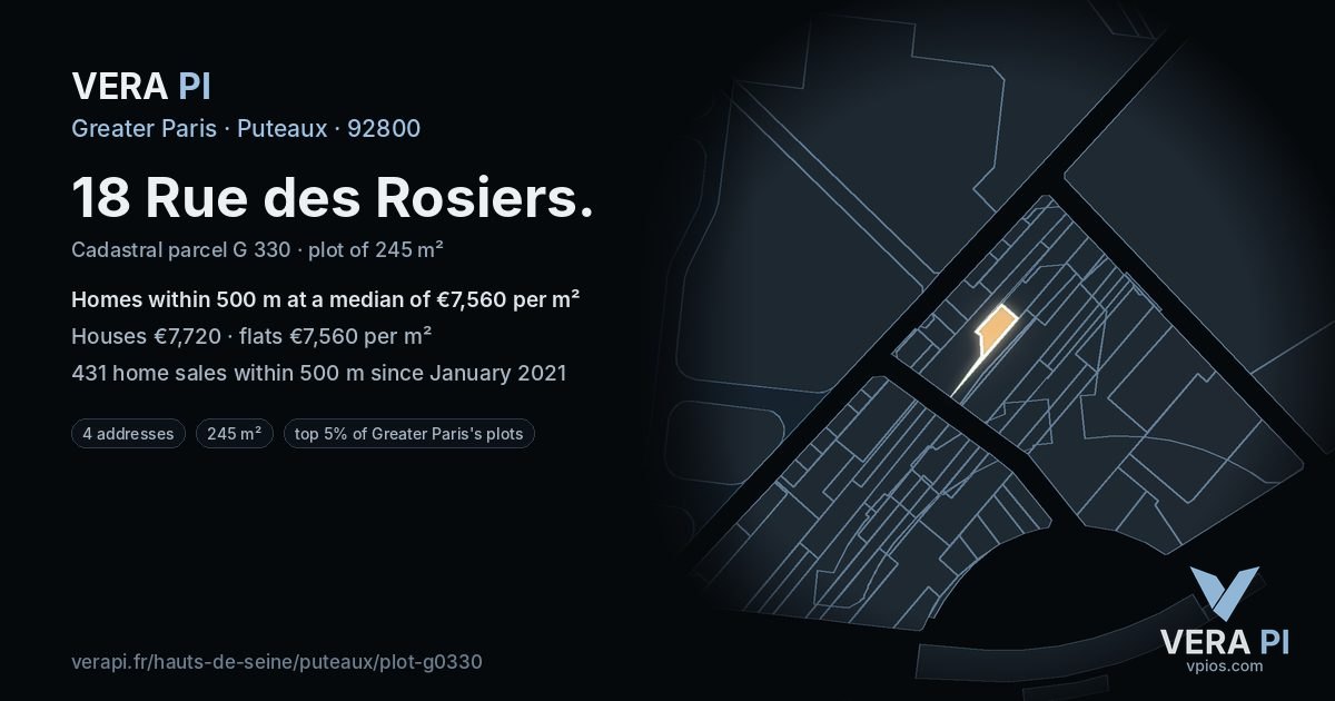 18 Rue des Rosiers, Puteaux at night – the plot lit, the parcels around coloured by the prices near them