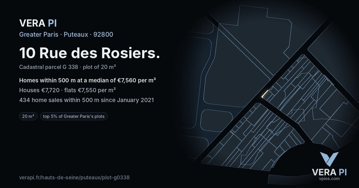 10 Rue des Rosiers, Puteaux at night – the plot lit, the parcels around coloured by the prices near them