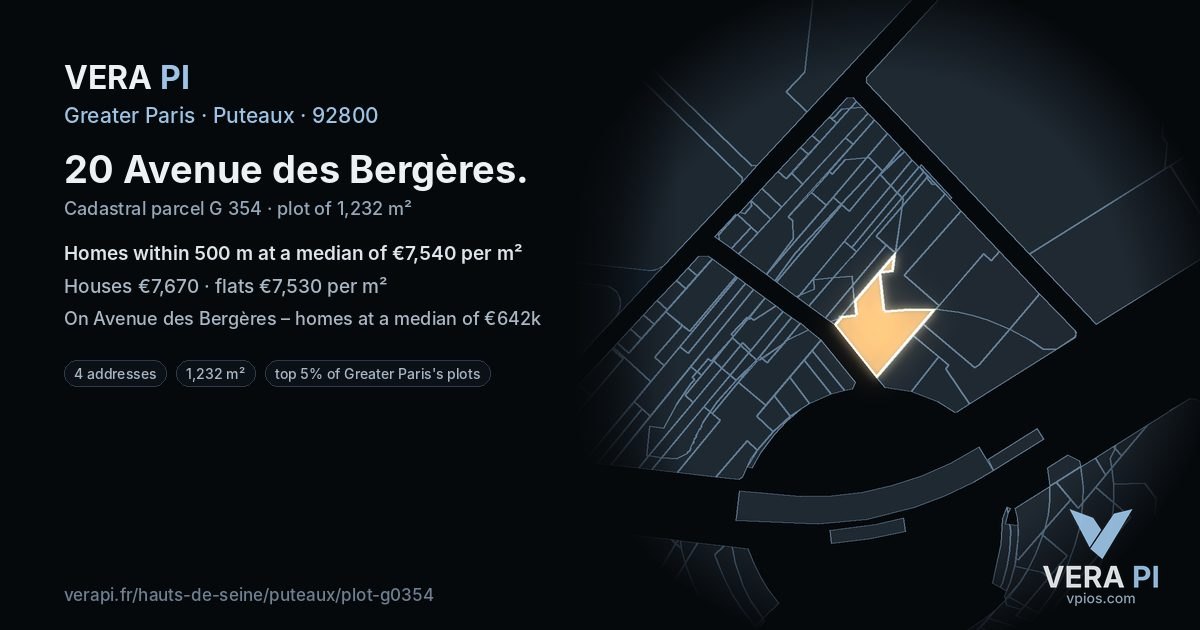 20 Avenue des Bergères, Puteaux at night – the plot lit, the parcels around coloured by the prices near them
