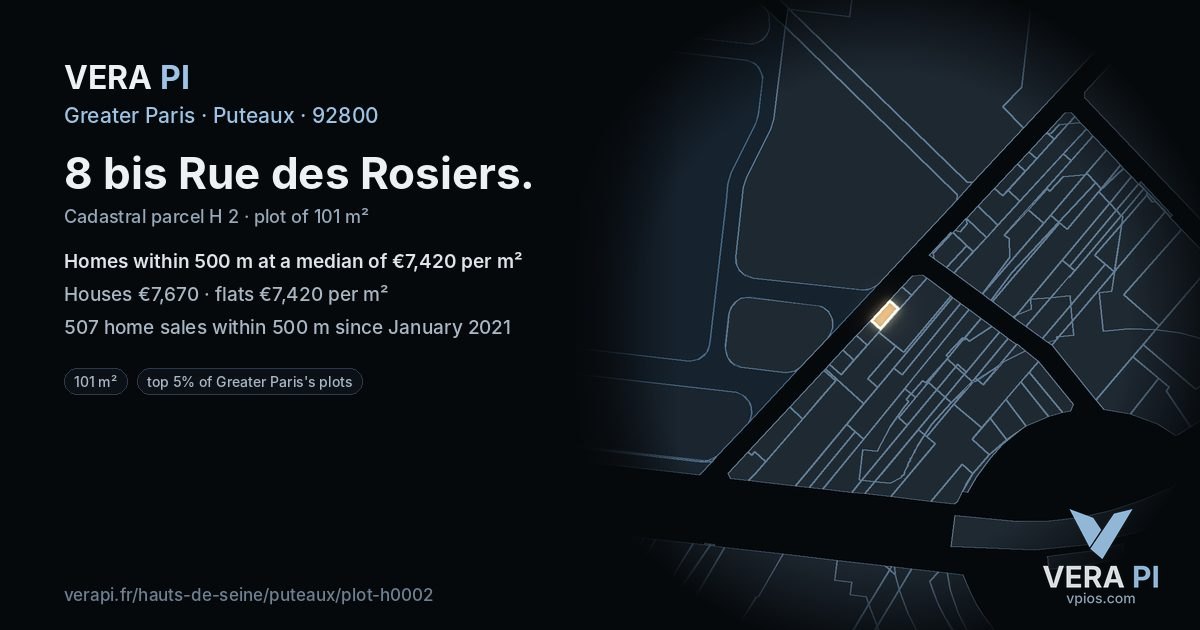 8 bis Rue des Rosiers, Puteaux at night – the plot lit, the parcels around coloured by the prices near them