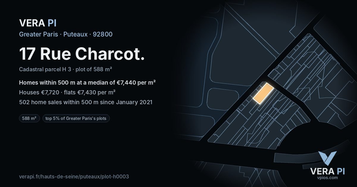 17 Rue Charcot, Puteaux at night – the plot lit, the parcels around coloured by the prices near them