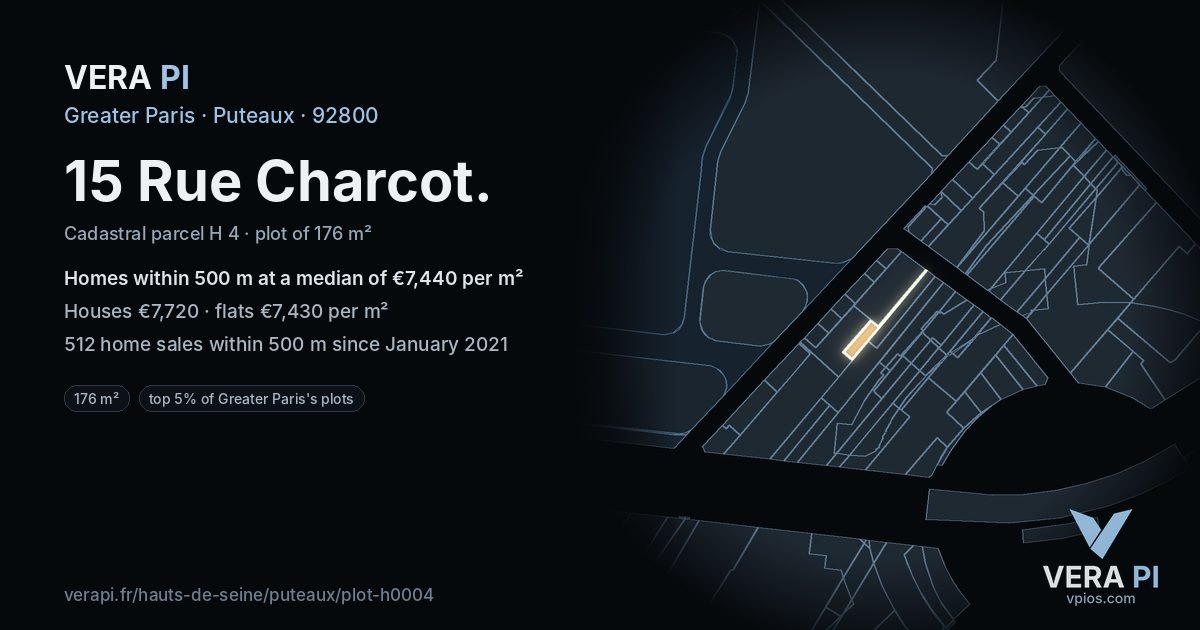 15 Rue Charcot, Puteaux at night – the plot lit, the parcels around coloured by the prices near them