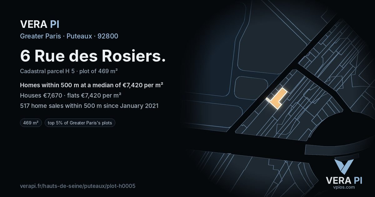 6 Rue des Rosiers, Puteaux at night – the plot lit, the parcels around coloured by the prices near them