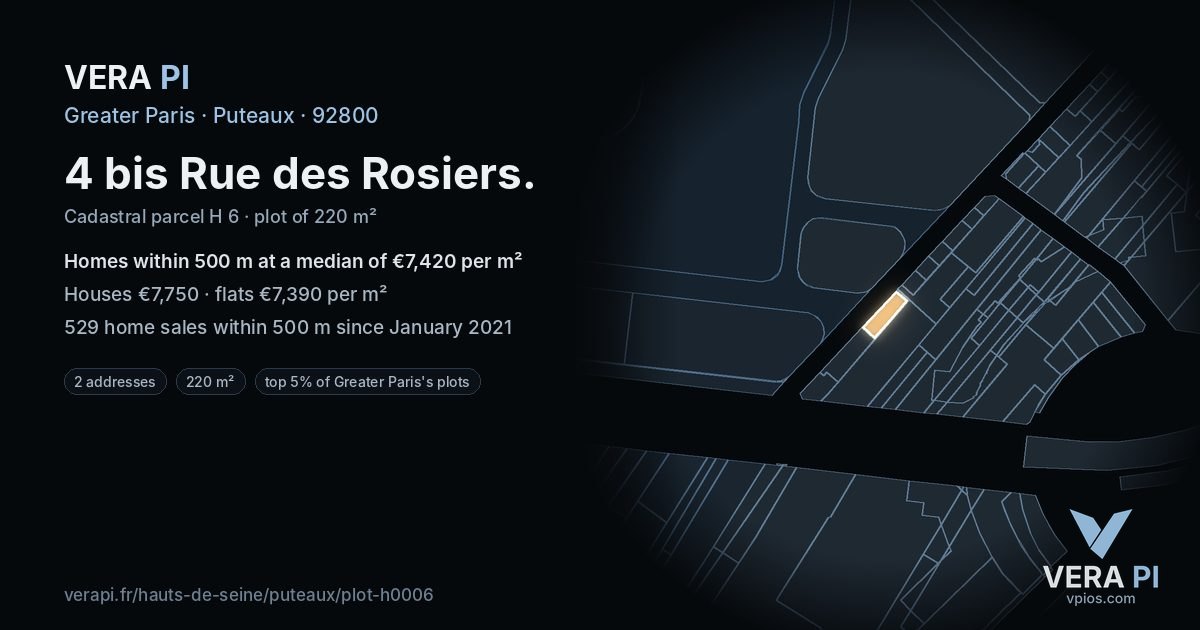 4 bis Rue des Rosiers, Puteaux at night – the plot lit, the parcels around coloured by the prices near them