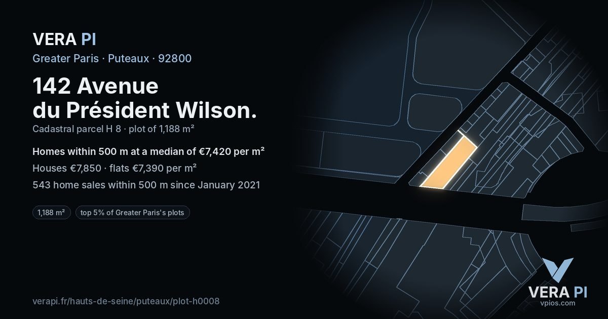 142 Avenue du Président Wilson, Puteaux at night – the plot lit, the parcels around coloured by the prices near them