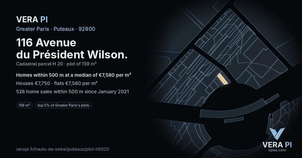 116 Avenue du Président Wilson, Puteaux at night – the plot lit, the parcels around coloured by the prices near them