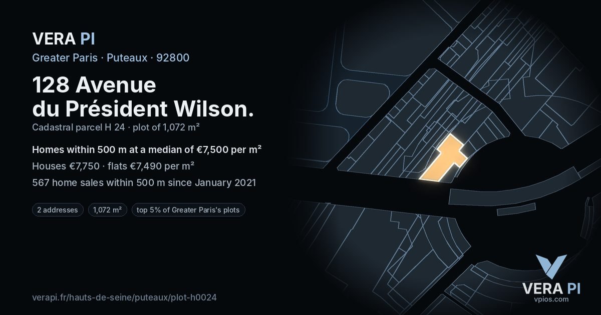 128 Avenue du Président Wilson, Puteaux at night – the plot lit, the parcels around coloured by the prices near them