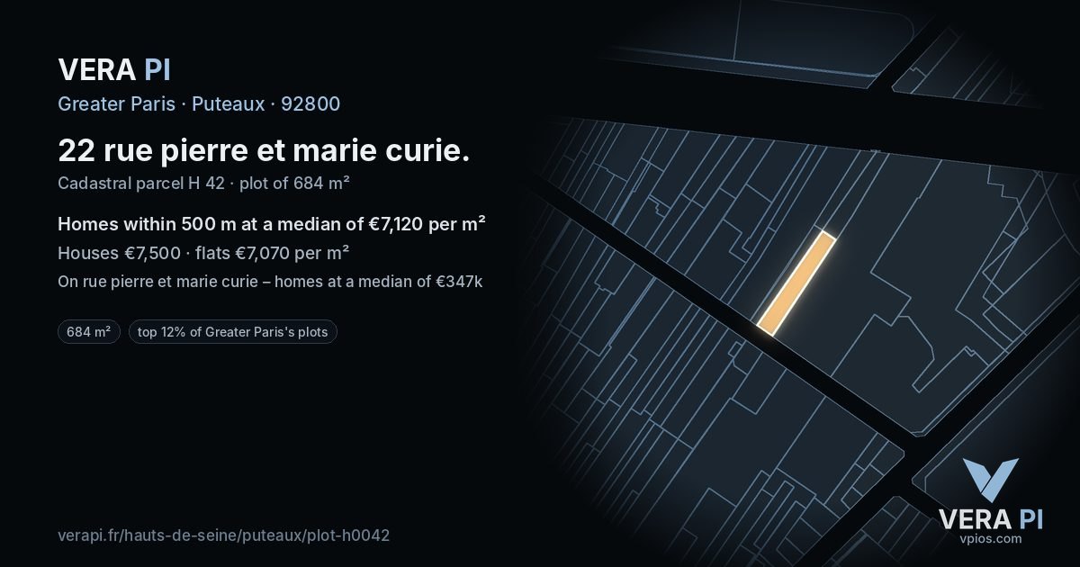 22 rue pierre et marie curie, Puteaux at night – the plot lit, the parcels around coloured by the prices near them