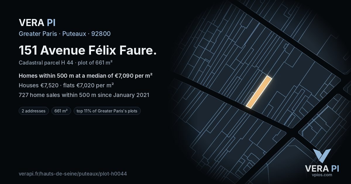 151 Avenue Félix Faure, Puteaux at night – the plot lit, the parcels around coloured by the prices near them